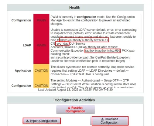 PWM health page with LDAP error