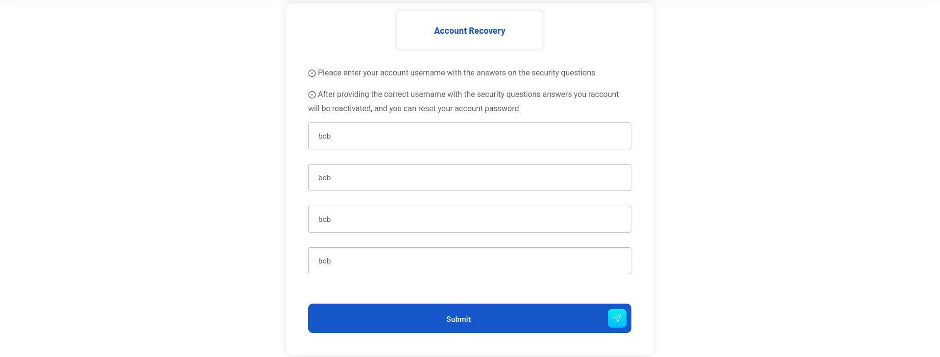 Account recovery form — bob/bob/bob/bob