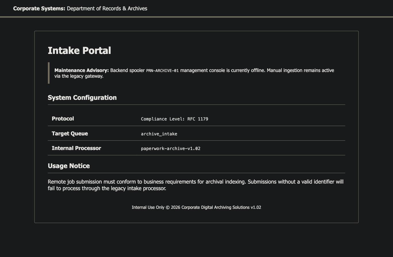 paperwork.htb intake portal — a corporate document archiving page listing RFC 1179 compliance, an archive_intake queue, and a paperwork-archive-v1.02 processor