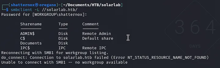 SMB share listing showing Documents share