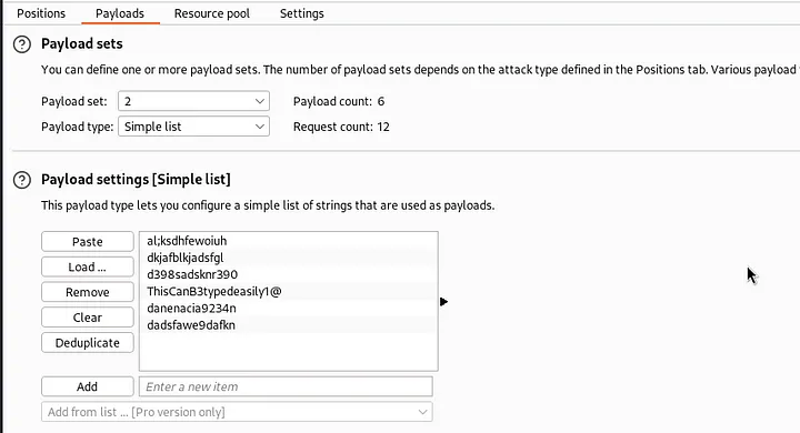 Burp payload sets with usernames and passwords