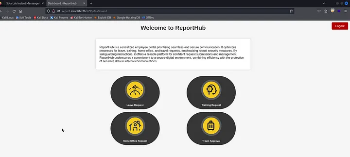 ReportHub dashboard with four request options
