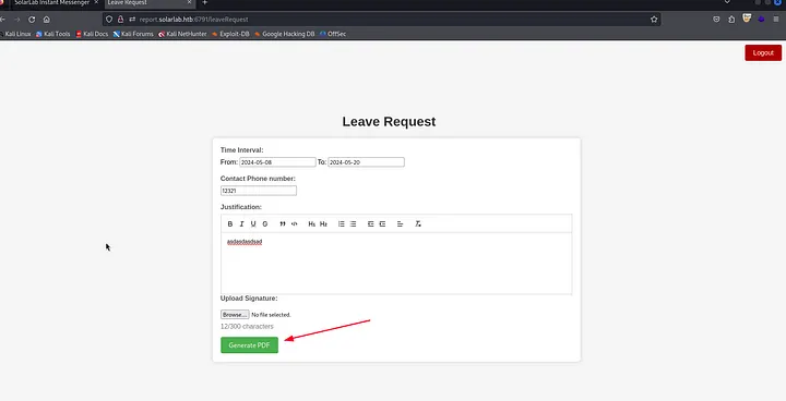Leave Request form with Generate PDF button