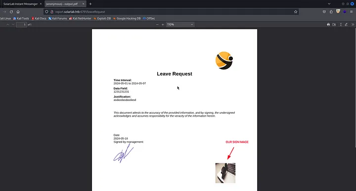 Generated PDF output from leave request