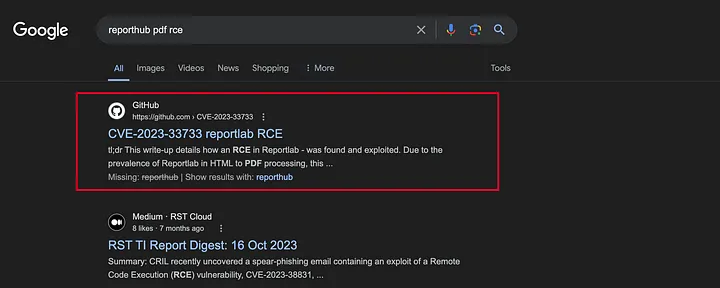 Google search showing CVE-2023-33733 ReportLab RCE