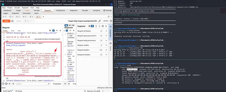 Burp request with CVE-2023-33733 payload injected into form field